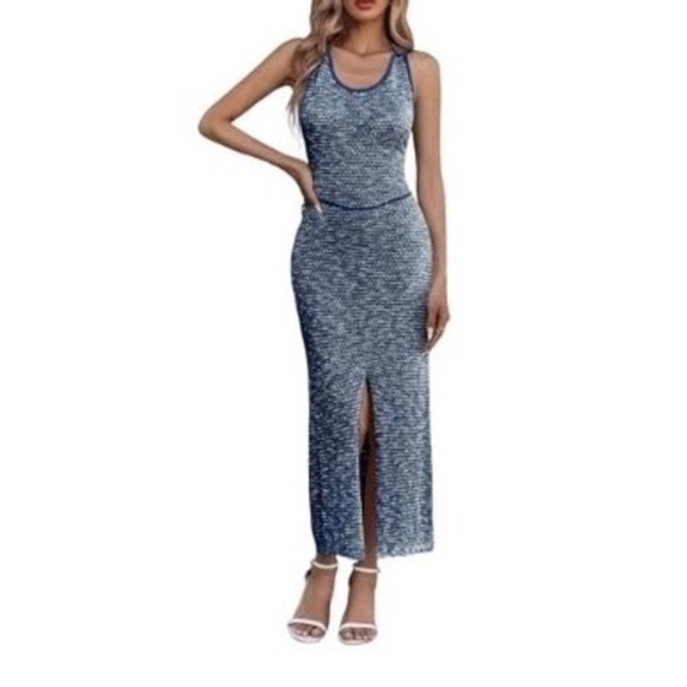 Womans Backless Halter Midi Bodycon Sexy Knit Dress Swim Coverup Navy Size Small